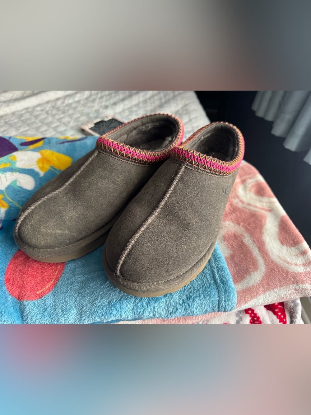 UGG Brown Suede Slip-On Slippers with Pink Trim